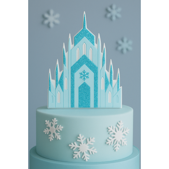 Light blue fondant cake topped with a shimmering Frozen-inspired castle made using Cuqui’s metal cutter.