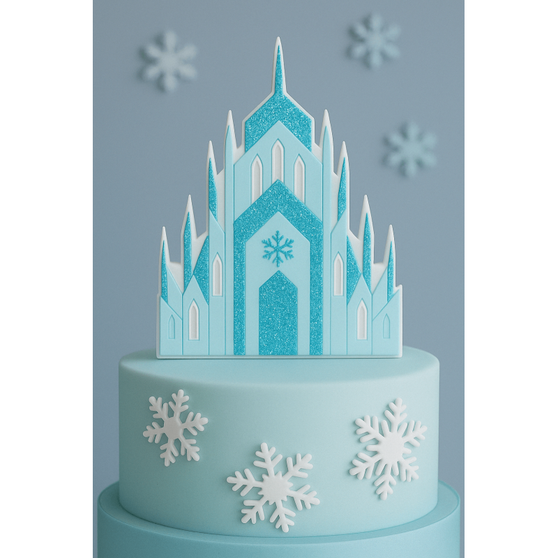 Light blue fondant cake topped with a shimmering Frozen-inspired castle made using Cuqui’s metal cutter.